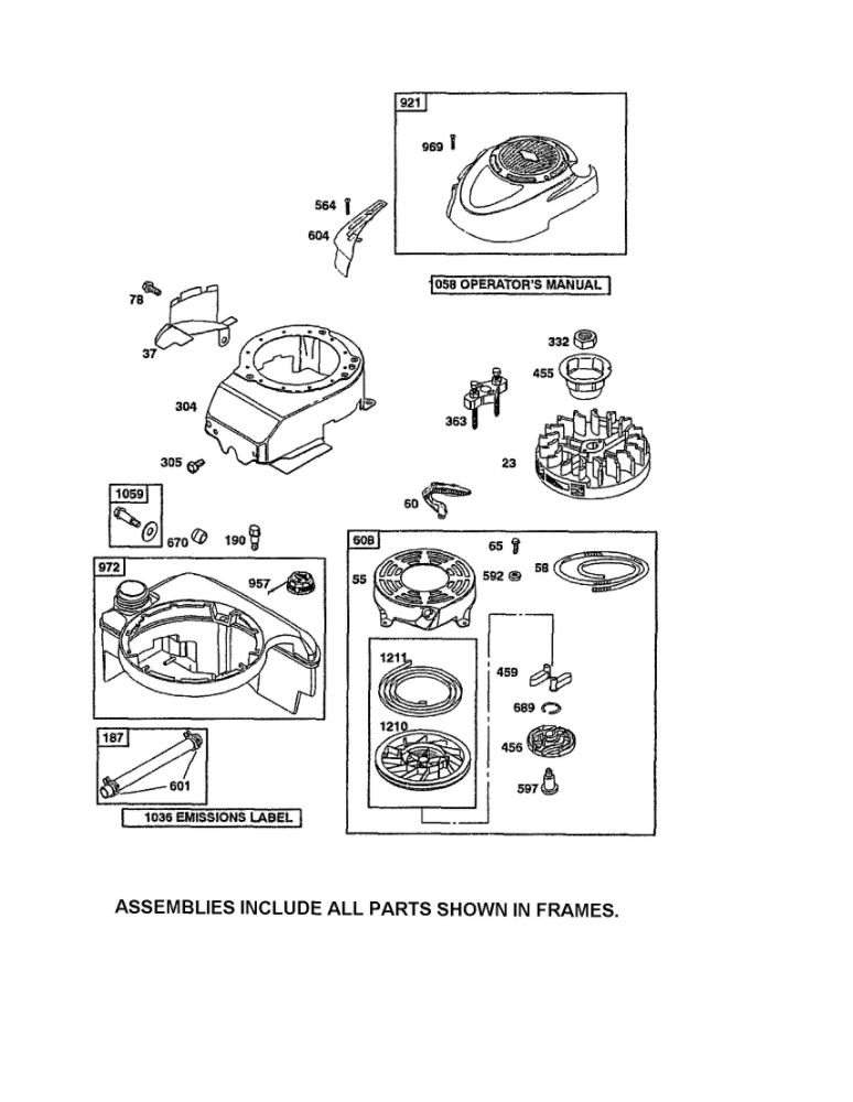 Rewind Starter/Fuel Tank Diagram and Parts List for 125T02-1045-B1  Briggs and Stratton Engine